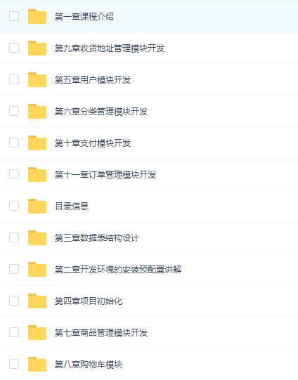 第一章课程个绍 章收货地址管理模块开发 第五章用户模块开发 第六章分关笞理模块开发 第十章支付模块开发 第十一章订单管理模块开发 目录信息 第二章开发环境的安装预配置讲解 第四章项目初始化 第七章商品管理模块开发 第八章购物车模块